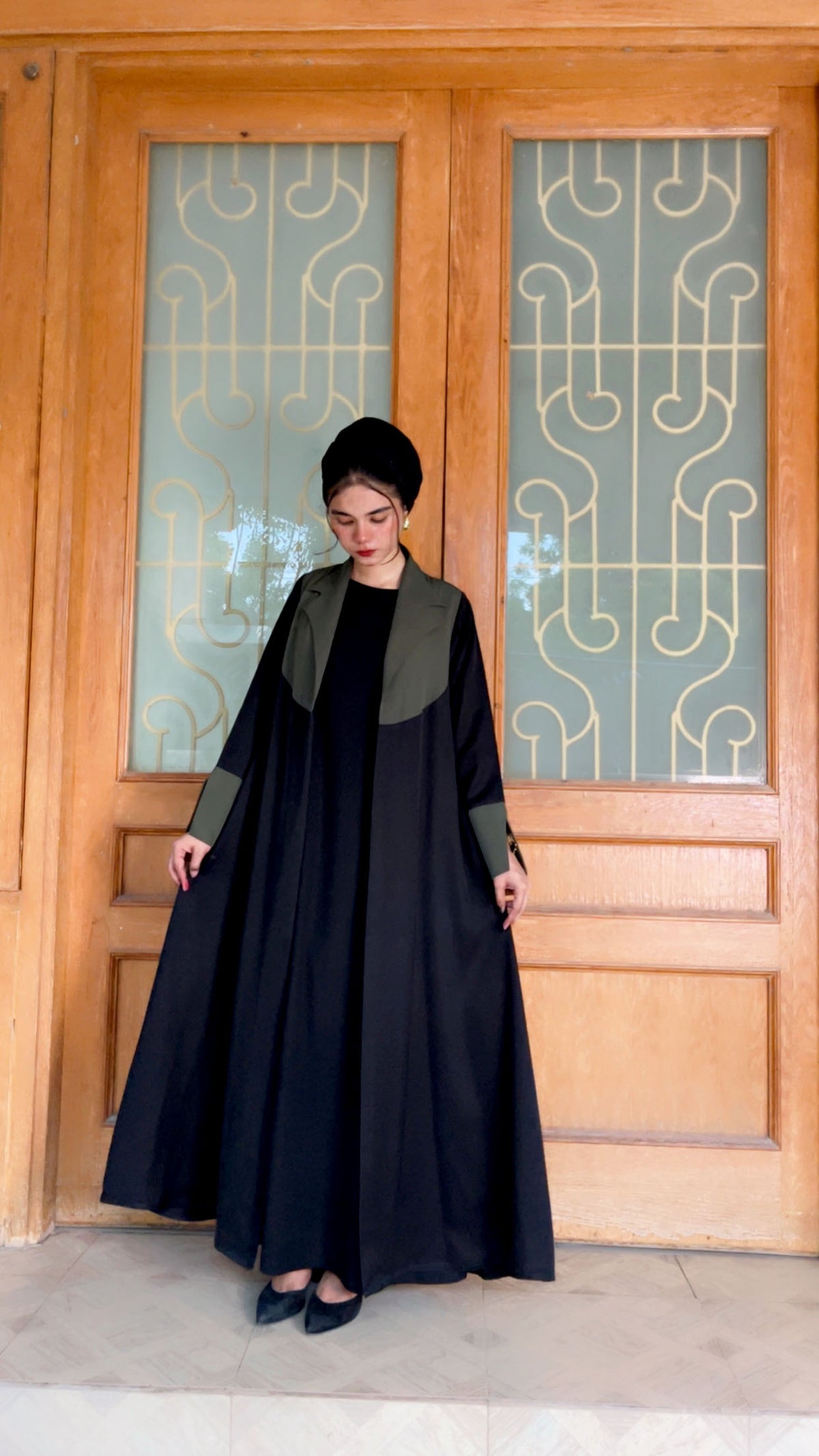 boss lady coat styled abaya blazer abaya in olive green and black color 